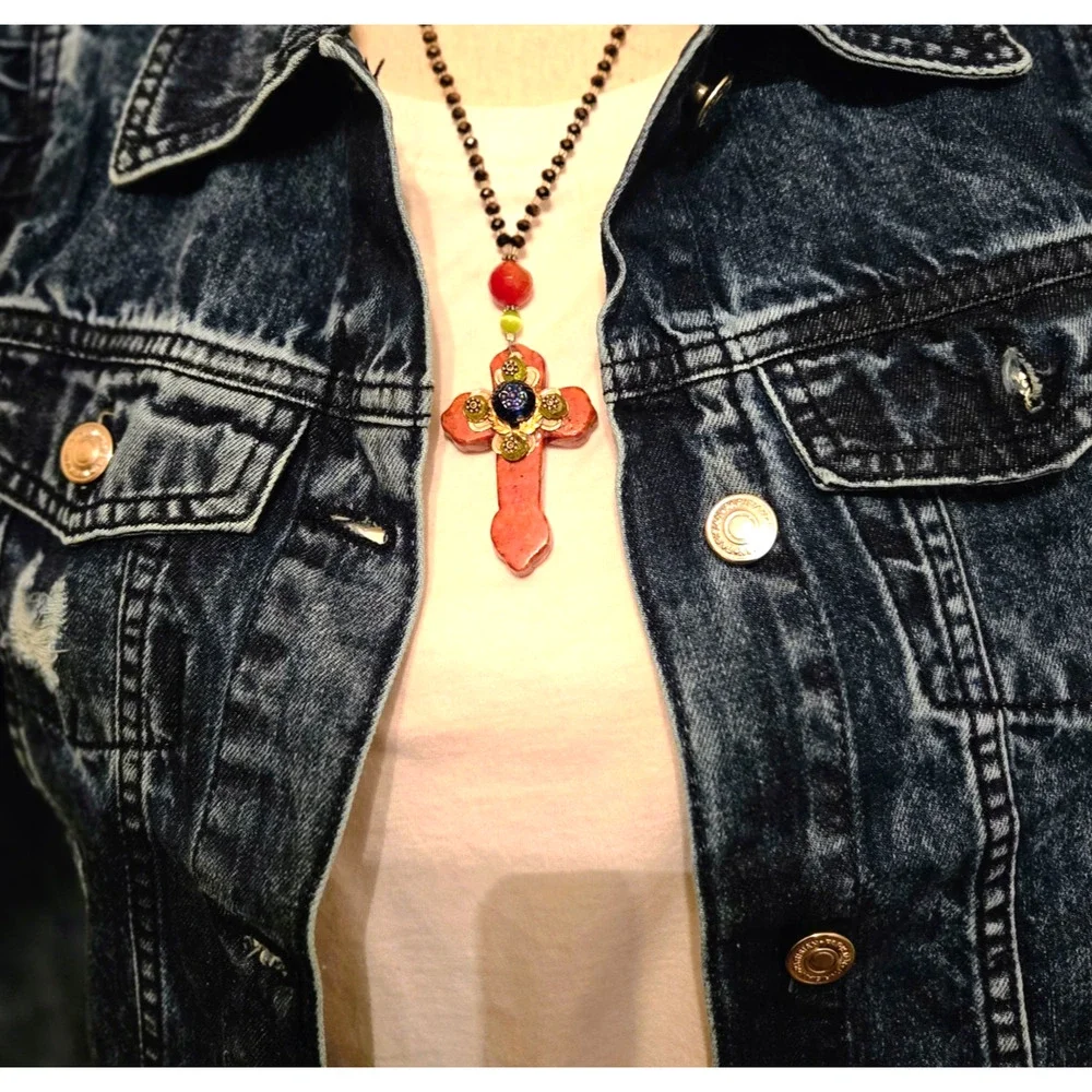 Handmade gemstone cross with Czech glass necklace Boho - Picture 7 of 7